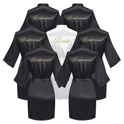 6 Stück Satin Robe Kurz Kimono Brautjungfer Bademantel für Hochzeit Party, 7 Stück schwarz (Braut + Brautjungfer), Einheitsgröße von Goodsaleok