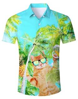 Goodstoworld Katze Hemd Hawaii Hemd Männer Ananas Funky Sommer Hawaiihemd Herren Casual Aloha Kurzarm Hemden Strandhemd Fasching Hawaii Shirts Slim Fit Blau Shirts M von Goodstoworld