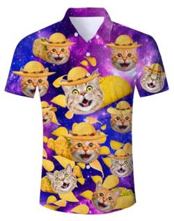 Goodstoworld Pizza Cat Hawaii Hemd Männer Bunt Funky Sommer Hawaiihemd Herren Casual Aloha Kurzarm Hemden Lustige Strandhemd Regular Slim Fit Katze Shirts für Männer XXL von Goodstoworld