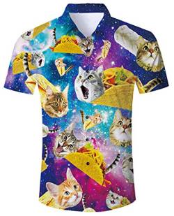 Goodstoworld Pizza Katze Hawaii Hemd Männer Bunt Funky Sommer Hawaiihemd Herren Casual Aloha Kurzarm Hemden Lustige Strandhemd Button Down Slim Fit Shirts für Männer XXL von Goodstoworld