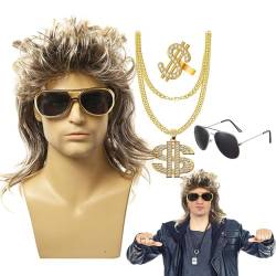 Goowafur 70er-Jahre-Perücken, 70er-80er-Disco-Perücken-Set - 4 Teile/satz Rocker Punk Pop Star Perücke | Disco-Hippie-Perücke mit Sonnenbrillen-Halskette, Dollarzeichen-Ring für von Goowafur