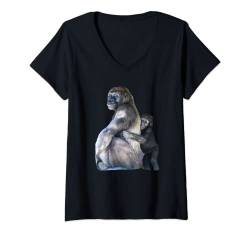 Damen Gorilla T-Shirt mit Baby Gorilla T-Shirt mit V-Ausschnitt von Gorilla Tee Gifts