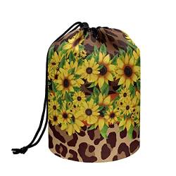 Goronwyfloyd Make-up-Tasche, tragbare Kosmetiktasche für Frauen und Mädchen, Make-up-Tasche, Kulturbeutel für Reisen, Sonnenblume mit Leopardenmuster von Goronwyfloyd