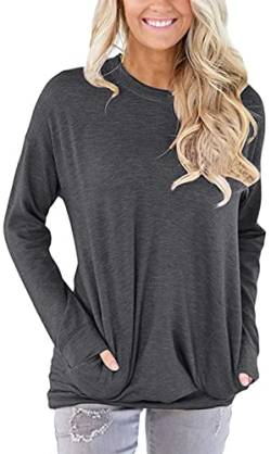 Gosunny Damen Tshirt Farbe Block Sweatshirts Rundhalsausschnitt Taschen Tunika Tops Casual Pullover (Solide dunkelgrau, L) von Gosunny
