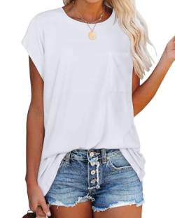 Gosunny Damen Tshirt Kurzarm Bluse Sommer Oberteile Rundhals Basic Shirt Lässig Tops mit Tasche(White,L) von Gosunny