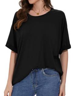 Gosunny Damen Tshirt Sommer Kurzarm Rundhals Oberteile Oversize Locker Bluse Einfarig Tops(Black,XL) von Gosunny