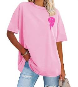 Oversized T Shirt Damen Sommer Casual Lose Tunika Tops Kurzarm Rundhals Oberteil(Pink,L) von Gosunny
