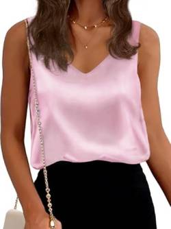 Tank Top Damen Silk Satin Camisole Sleeveless Tops V Neck Shirt Summer Basic Blouses(Rosa,M) von Gosunny