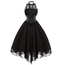 Damen ärmelloses Gothic Spitzenkleid 80er Jahre Verkleidung Korsett Neckholder Spitze Swing Cocktail, Schwarz , L von Gothden