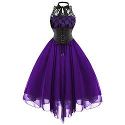 Damen ärmelloses Gothic Spitzenkleid 80er Jahre Verkleidung Korsett Neckholder Spitze Swing Cocktail, violett, X-Large von Gothden