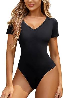 Gotoly Body Damen Kurzarm Tshirt Body Damen Shapewear Bodysuit Bauchweg Stark Formend Body Shaper Figurformende Unterwäsche V-Ausschnitt Overall Jumpsuit Top (L, Schwarz) von Gotoly