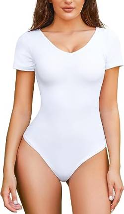 Gotoly Body Damen Kurzarm Tshirt Body Damen Shapewear Bodysuit Bauchweg Stark Formend Body Shaper Figurformende Unterwäsche V-Ausschnitt Overall Jumpsuit Top (XL, Weiß) von Gotoly