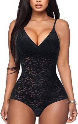 Gotoly Damen Bodysuit Spitze Shapewear Tiefer V-Ausschnitt Jumpsuits Bauchkontrolle Taillentrainer ärmellos Camisole Body Shaper, Schwarz , 36 von Gotoly