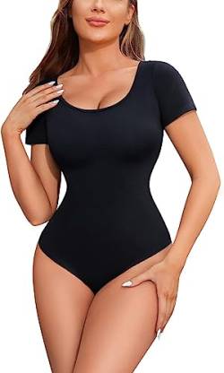 Gotoly Damen T-Shirt Bodysuit Bauchweg Shapewear Body Stark Formend mit Kurze Ärmel Rundhals Body Shaper Figurformender Shaping Tank Top (Schwarz, L) von Gotoly