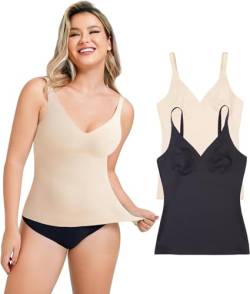 Gotoly Unterhemden Damen Bauchweg Hemd Formende Oberteile Nahtlose Tank Tops Shapewear Damen Top Figurformende Hemd Shaping Unterwäsche Bauch Weg Body Shaper (Schwarz+Beige (2 Pack), XXL) von Gotoly