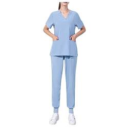 Damen 2-Teiliges Kasacks Set Medizinische Uniform Outfits mit Kasack und Hose Pflege Berufsbekleidung V-Ausschnitt Schlupfkasack+Schlupfhose Pflegeuniform Set Laborkittel Einfarbig Arbeitsuniform von Graceyo