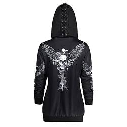 Graceyo Damen Gothic Punk Kapuzenpullover Vintage Retro Schwarz Kapuzenjacke Hoodie Sweatshirt Jacke Mantel Kapuzen Sweatjacke Pulli Streetwear Party Freizeit Kleidung Bluse Tops Outwear, M von Graceyo