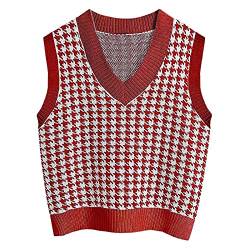 Graceyo Weste Damen Pullunder, Strick Ärmellos V-Ausschnitt Strickweste, Hahnentritt Karierte Strickpullover Vest Sweatshirts, Retro Herbst Winter Gestrickt Vest Pullover Tank Top Oberteil von Graceyo