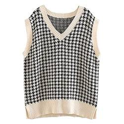 Graceyo Weste Damen Pullunder, Strick Ärmellos V-Ausschnitt Strickweste, Hahnentritt Karierte Strickpullover Vest Sweatshirts, Retro Herbst Winter Gestrickt Vest Pullover Tank Top Oberteil von Graceyo