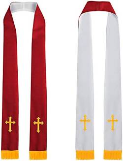 GraduatePro Klerus Stola Reversible mit Corss Figur Stickerei Quasten 229cm Unisex Chor Priester Rot Weiß von GraduatePro