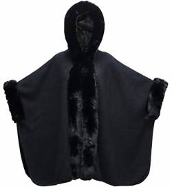 Gragengs Kapuze Umhang Faux Kaninchen Pelz Cape Mantel Cardigan Poncho für Damen Wolle Warm,M-Schwarz von Gragengs