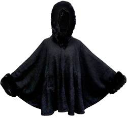 Gragengs Kapuzenmantel mit Tasche Faux Kaninchenfell Cape Mantel Cardigan Poncho für Damen Winter,S/Schwarz von Gragengs