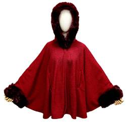 Gragengs Kapuzenmantel mit Tasche Faux Kaninchenfell Cape Mantel Cardigan Poncho für Damen Winter,S-Rot von Gragengs