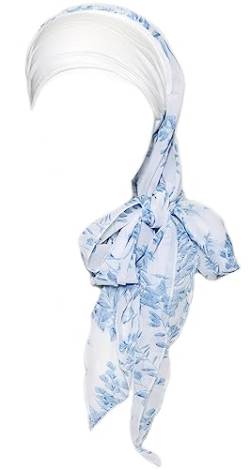 Gragengs Kopfbedeckung für Damen Schlaf Beanie Kopftuch für kahle Wickel Krebs Hüte Turban,Weißes/blaues Blatt von Gragengs