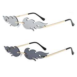 Grainas Retro Flamme Form Sonnenbrille für Damen Herren Randlose Brille Ultraleicht Metall Brillenfassungen Verspiegelt Sunglasses UV400-Schutz (Schwarz + Silber) von Grainas