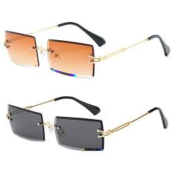 Grainas Retro Randlose Rechteck Sonnenbrille für Damen Herren Gold Ultraleicht Rahmen UV400-Schutz Vintage Bonbonfarben Klassische Quadratische Brille (Braun + Schwarz) von Grainas