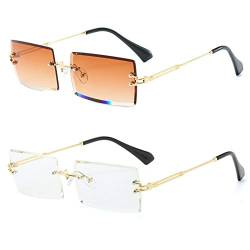 Grainas Retro Randlose Rechteck Sonnenbrille für Damen Herren Gold Ultraleicht Rahmen UV400-Schutz Vintage Bonbonfarben Klassische Quadratische Brille (Braun + Transparent) von Grainas