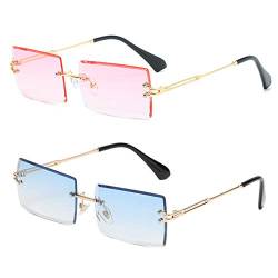 Grainas Retro Randlose Rechteck Sonnenbrille für Damen Herren Gold Ultraleicht Rahmen UV400-Schutz Vintage Bonbonfarben Klassische Quadratische Brille (Rosa + Blau) von Grainas