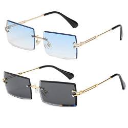 Grainas Retro Randlose Rechteck Sonnenbrille für Damen Herren Gold Ultraleicht Rahmen UV400-Schutz Vintage Bonbonfarben Klassische Quadratische Brille (Schwarz + Blau) von Grainas