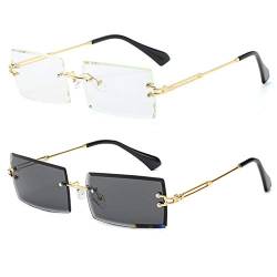 Grainas Retro Randlose Rechteck Sonnenbrille für Damen Herren Gold Ultraleicht Rahmen UV400-Schutz Vintage Bonbonfarben Klassische Quadratische Brille (Schwarz + Klar) von Grainas