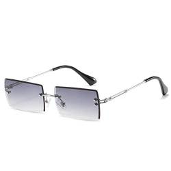 Grainas Retro Randlose Rechteck Sonnenbrille für Damen Herren Gold Ultraleicht Rahmen UV400-Schutz Vintage Bonbonfarben Klassische Quadratische Brille (Silber-Grau) von Grainas