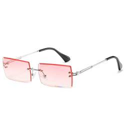 Grainas Retro Randlose Rechteck Sonnenbrille für Damen Herren Gold Ultraleicht Rahmen UV400-Schutz Vintage Bonbonfarben Klassische Quadratische Brille (Silber-Rosa) von Grainas