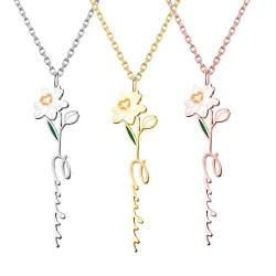 Namenskette Geburtstag Blume Kette mit Name Personalisierte Damen Blumenkette zum Geburtsmonat Anhänger Halskette mit Namen Geschenk für Mutter Tochter Frauen Mädchen Silber Rose Gold von Grancey