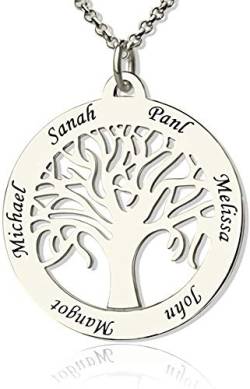 Runde Personalisiert Familie Namenskette Baum mit Gravur 1 bis 7 Namen für Mütter Mama Oma Damen in 925 Sterling Silber Rose Gold von Grancey