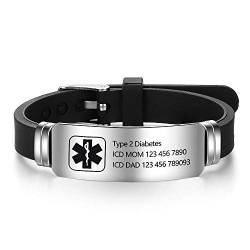 Grand Made Kostenlose Gravur 9 Zoll Silikon Einstellbare Medizinische Armbänder Sport Emergency ID Armbänder für Männer Frauen Kinder Wasserdichte Edelstahl Gummi Alert Armbänder (Black & Silver 2) von Grand Made