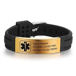 Grand Made Kostenlose Gravur 9 Zoll Silikon Einstellbare Medizinische Armbänder Sport Emergency ID Armbänder für Männer Frauen Kinder Wasserdichte Edelstahl Gummi Alert Armbänder (Black & Gold) von Grand Made