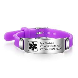 Grand Made Kostenlose Gravur 9 Zoll Silikon Einstellbare Medizinische Armbänder Sport Emergency ID Armbänder für Männer Frauen Kinder Wasserdichte Edelstahl Gummi Alert Armbänder (Purple & Silver) von Grand Made