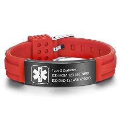 Grand Made Kostenlose Gravur 9 Zoll Silikon Einstellbare Medizinische Armbänder Sport Emergency ID Armbänder für Männer Frauen Kinder Wasserdichte Edelstahl Gummi Alert Armbänder (Red & Black) von Grand Made