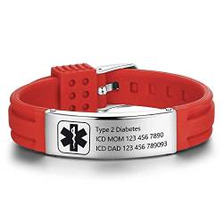 Grand Made Kostenlose Gravur 9 Zoll Silikon Einstellbare Medizinische Armbänder Sport Emergency ID Armbänder für Männer Frauen Kinder Wasserdichte Edelstahl Gummi Alert Armbänder (Red & Silver 1) von Grand Made