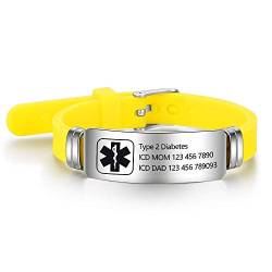 Grand Made Kostenlose Gravur 9 Zoll Silikon Einstellbare Medizinische Armbänder Sport Emergency ID Armbänder für Männer Frauen Kinder Wasserdichte Edelstahl Gummi Alert Armbänder (Yellow & Silver) von Grand Made