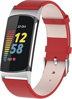 Gransho kompatibel mit Fitbit Charge 5 Uhrenarmband, Lederarmband Ersatz-Watch Armband mit Edelstahl Metall Schließe für Herren Damen (Red) von Gransho