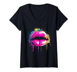 Neon-Thema küssende Lippen 80er Jahre Retro Grafik T-Shirts für Frauen Männer T-Shirt mit V-Ausschnitt von Graphic Tees Men Women Boys Girls