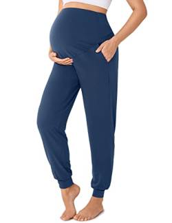 Gratlin Damen Umstandshose über dem Bauch Stretch Workout Yoga Hose mit Taschen Lässig Locker Schwangerschaft Weich Militärblau 36 von Gratlin
