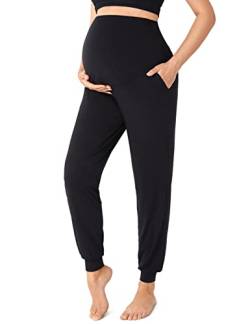 Gratlin Damen Umstandshose über dem Bauch Stretch Workout Yoga Hose mit Taschen Lässig Locker Schwangerschaft Weich Schwarz 40 von Gratlin