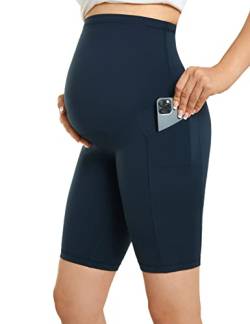 Gratlin Damen Umstandsshorts über dem Bauch Yoga Schwangerschaft Kurze Hose mit Taschen Echte Marine 40 von Gratlin