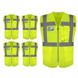 Graunton High Reflective Westen mit Reißverschluss, High Vis Westen für Männer Frauen, Hi Viz Weste für Verkehrsmanagement, Öffentliche Sicherheit, Transport, DE1-Gelb, 4XL,5PCS. von Graunton